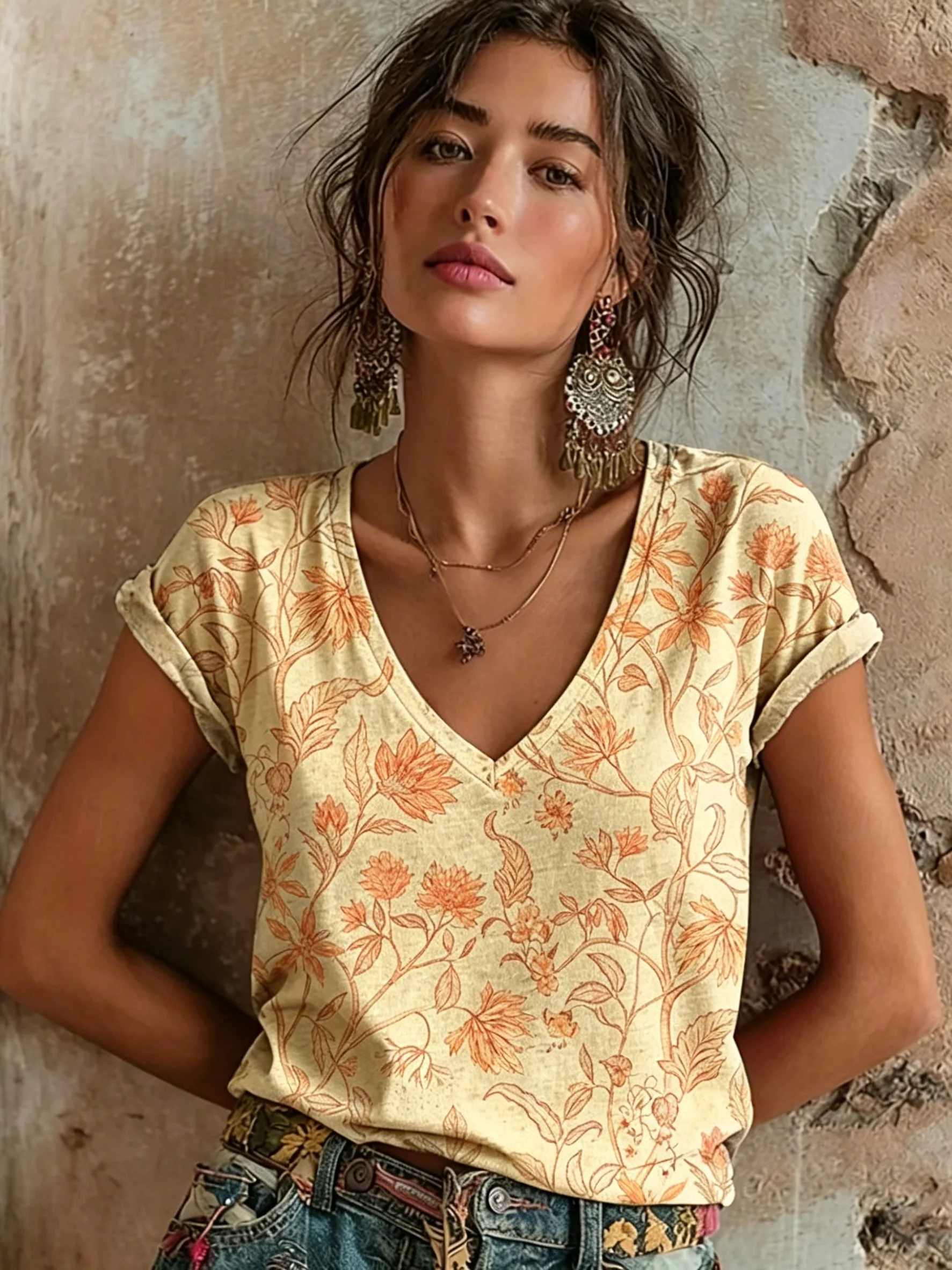 Women's Vintage Orange Floral Vine Print V-Neck T-Shirt, Casual Short Sleeve Tops, Retro Boho Daily Wear for Spring & Summer