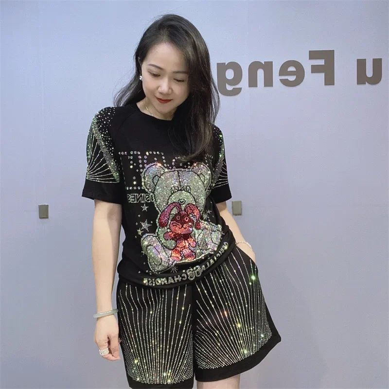 2024 New Summer Women Two-piece Set Cute Bear Hot Drilling Short Sleeve T-shirt Pullover Top + Loose A-line Shorts Suits