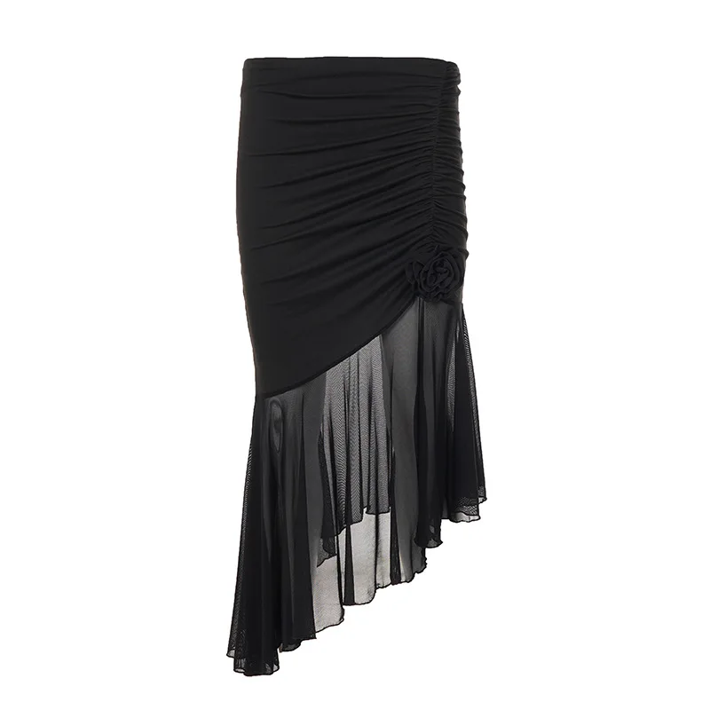 sexy perspective mesh splicing irregular half skirt fashionable street style pleated mid length skirts for women