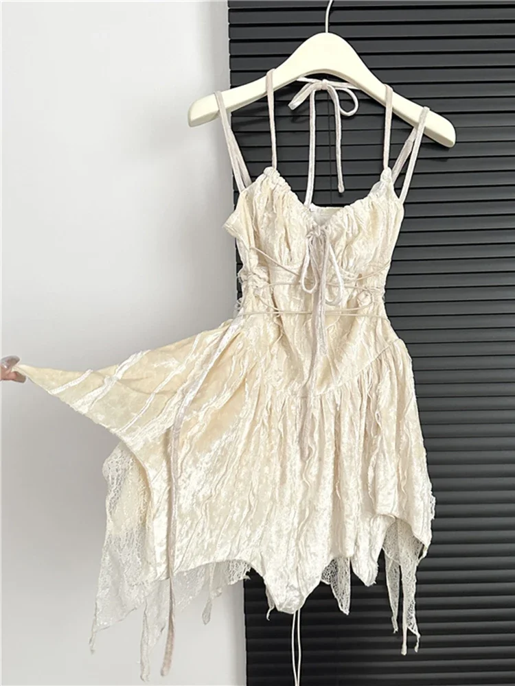 

Gothic Y2K Women's Pleated Bandage Design Chic Dress Irregular V-neck Slim Suspender One-piece Summer A-line Tie Up for Women