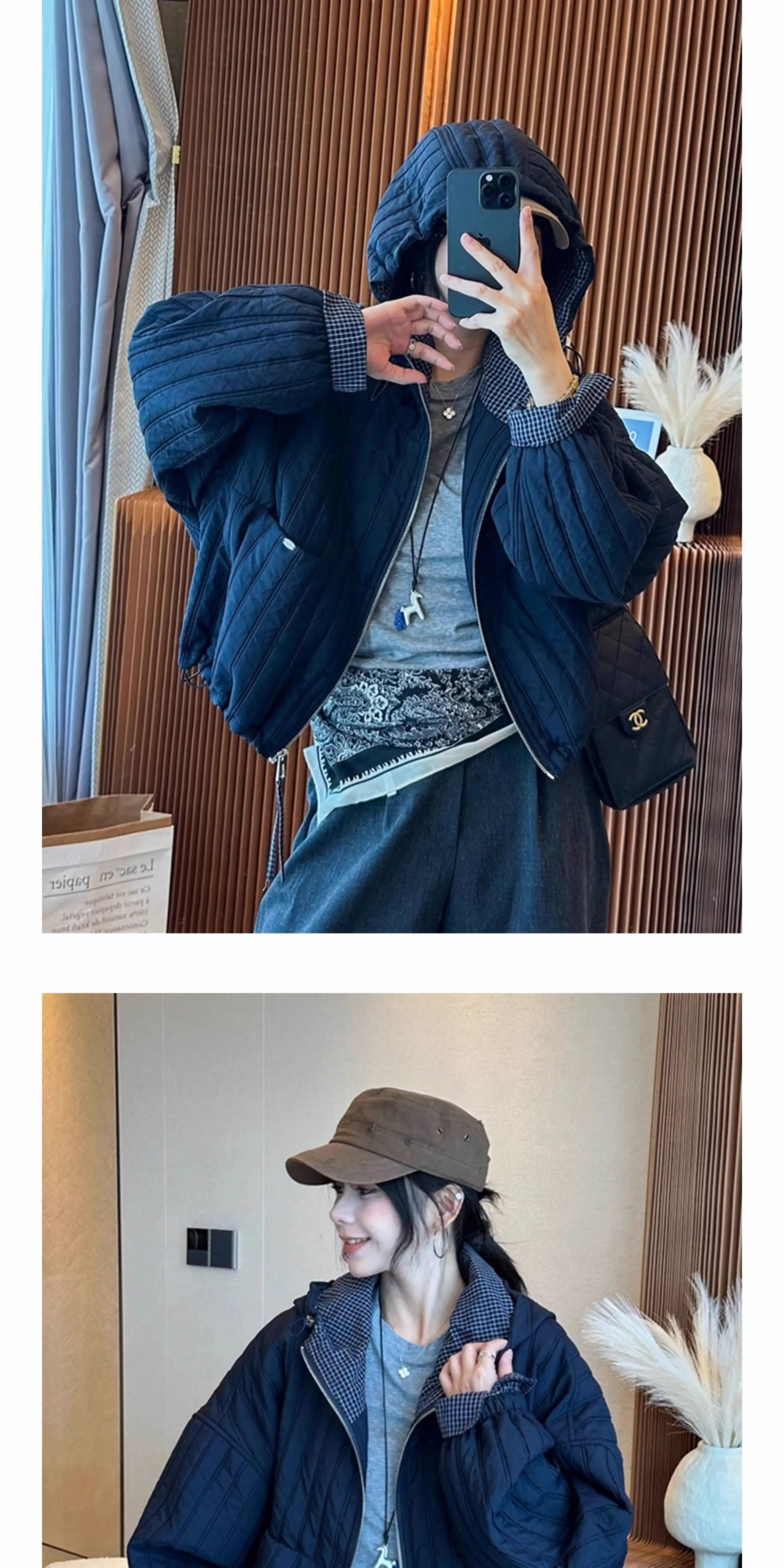 Korean Loose Hooded Plaid Patchwork Quilted Coat for Women Autumn Winter Casual Cotton Padded Jacket Women Zip Up Cropped Parkas