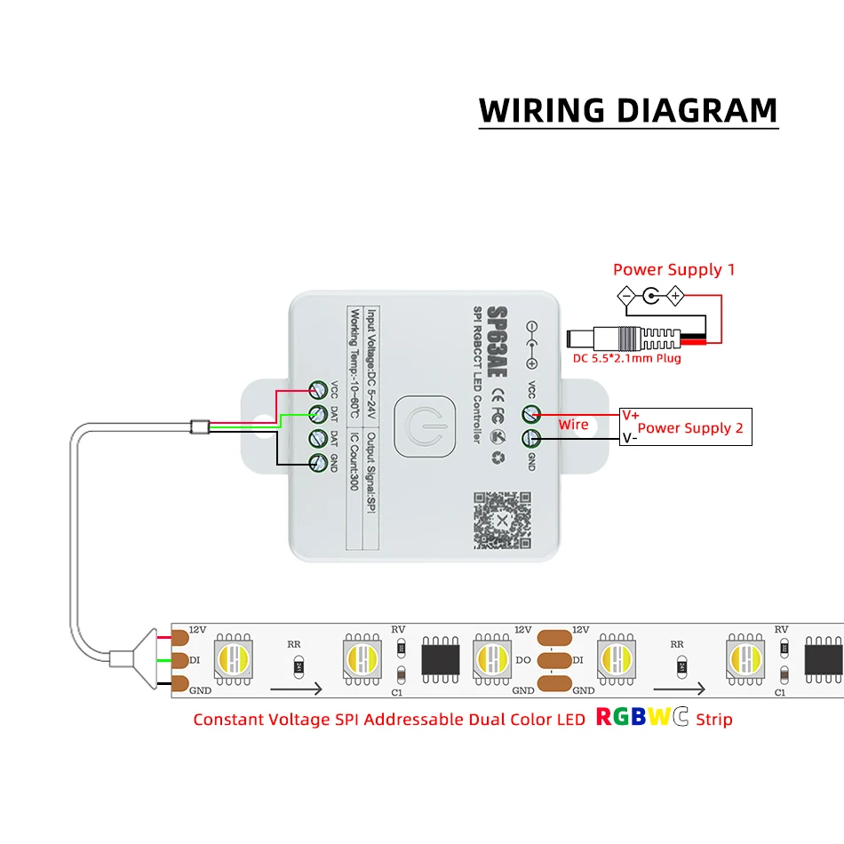 SP63AE SPI RGBCCT Addressable LED Controller DC 5V 12V 24V 300 Pixel and 2.4G RF Wireless Touch Remote Control Magic Color Panel