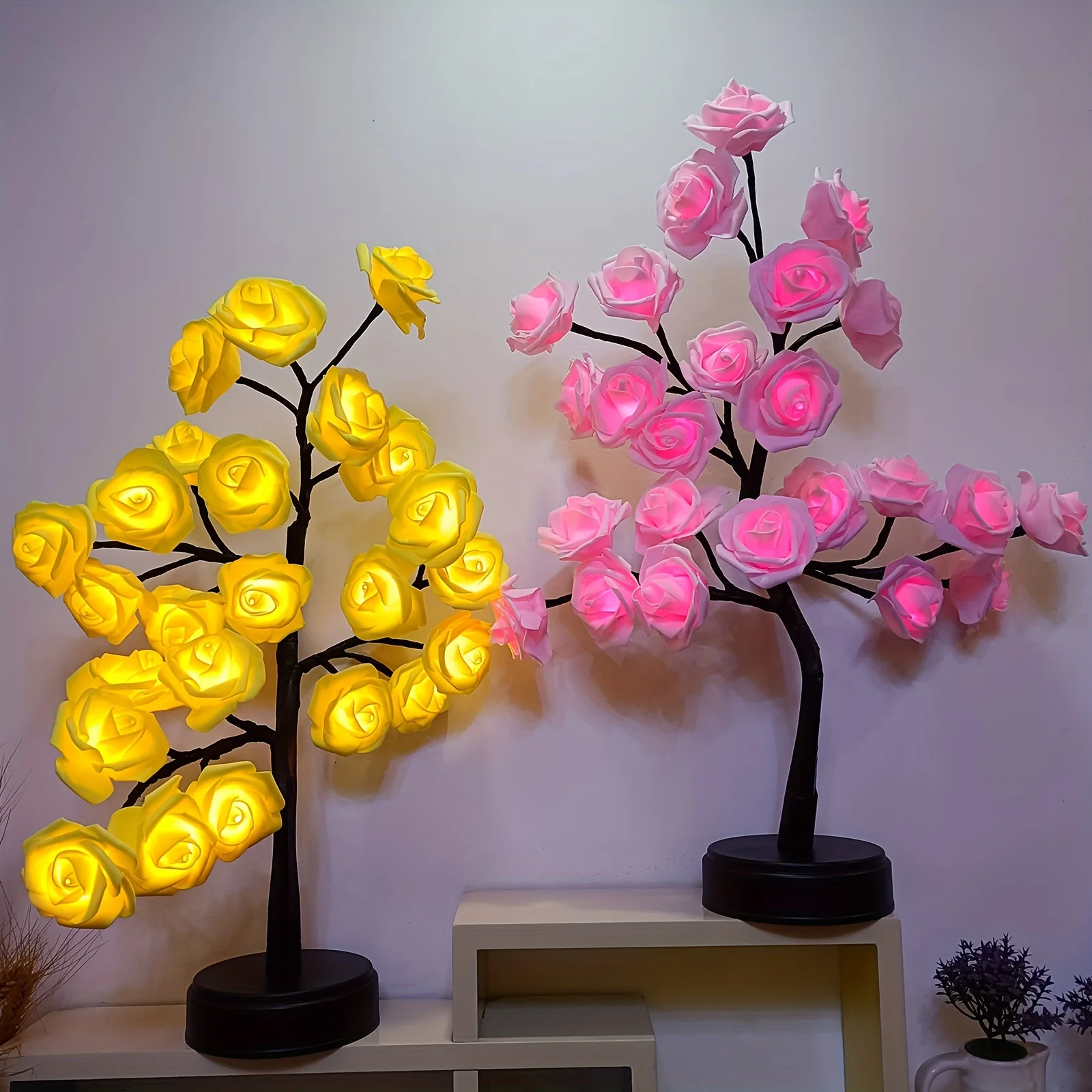 Battery USB Operated DIY Artificial Rose Flower Tree Lamp LED Tabletop Bonsai Tree Light Decoration for Valentine\'s Day Home