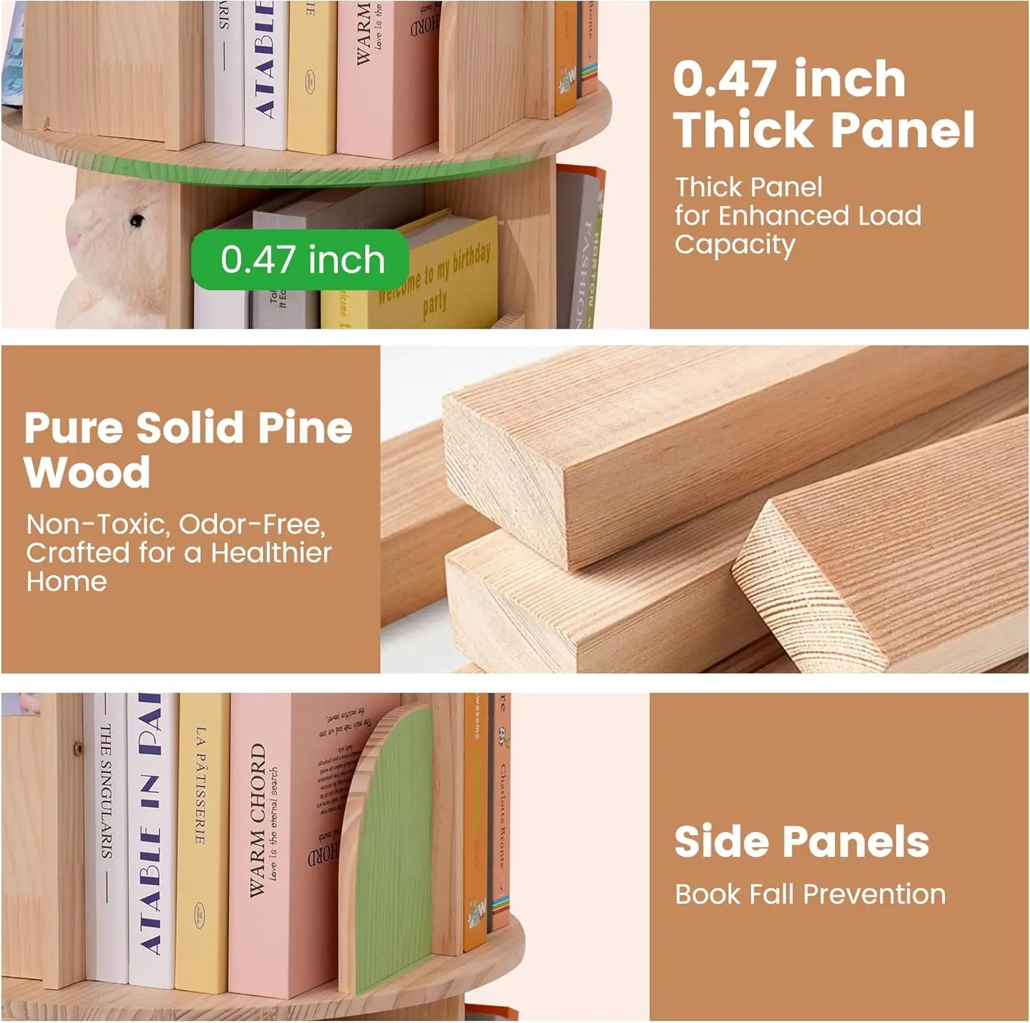 رف كتب دوار 5 طبقات، 360 درجة °   خزانة كتب أرضية، منظم من الخشب الصلب لغرفة الأطفال، غرفة المعيشة، غرفة النوم