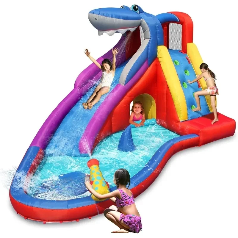 Inflatable Water Slide, Shark Bounce House with Slide for Wet and Dry, Playground Sets for Kids Backyard, Water Spray