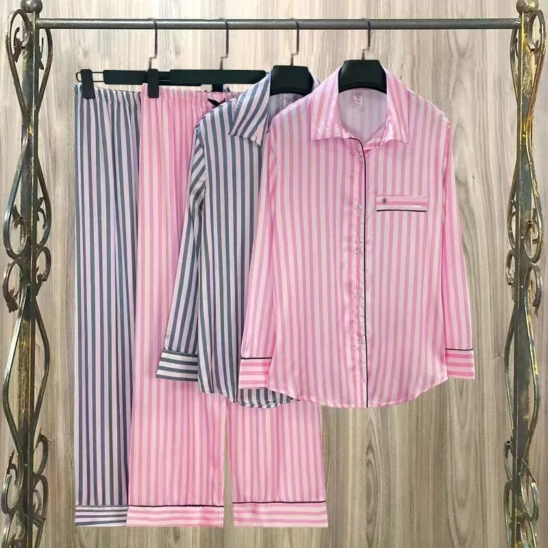 Autumn 2 Pieces Women\'s Pajamas Sets ice Silk Striped Cardigan Pyjama Women\'s Pajamas Sleepwear Sets Spring Summer VS Homewear