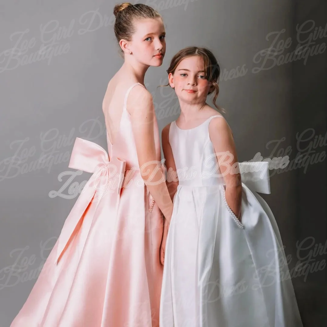 Customized Flower Girl Dress Satin Pearls Pocket With Big Back Bow Sleeveless For Birthday Party Prom Banquet Communion Gowns