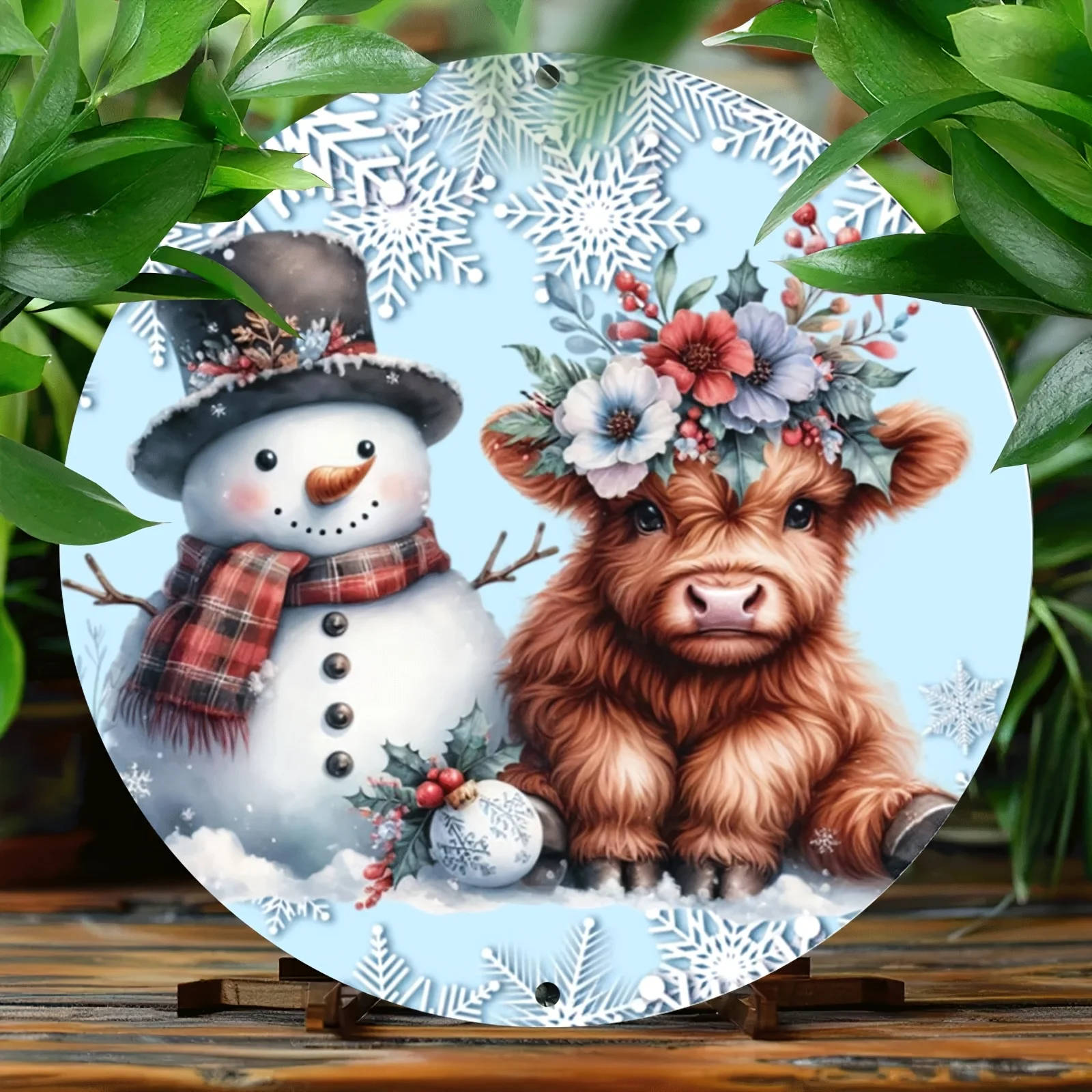 1pc Vintage-Inspired Round Aluminum Metal Sign with Snowman & Highland Cow Design - 8x8 Inch, Scratch, UV & Flame Resistant Wall