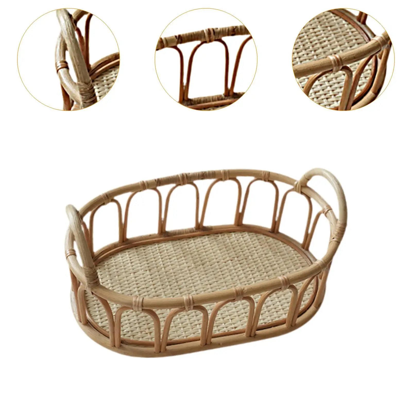 Rattan Basket Decorative Kitchen Counter Organizer Serving Tray with Handles for Sundries Perfume Cosmetics Fruits Coffee Table