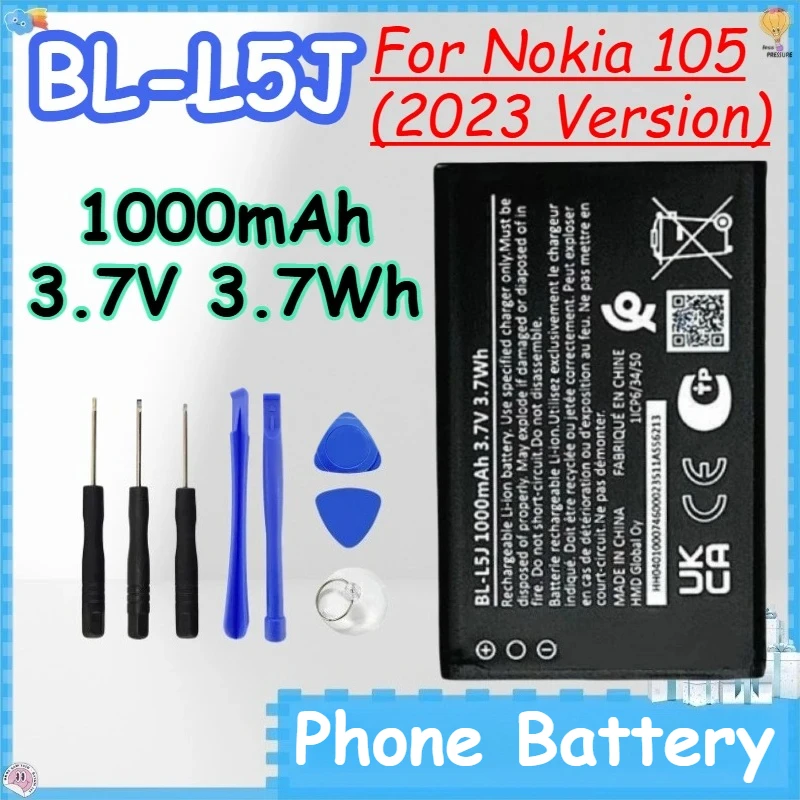 

BL-L5J 1000mAh 3.7V 3.7Wh Phone Battery for Nokia 105 (2023 Version) High-quality Replacement Mobile Phonebattery+Free Tools