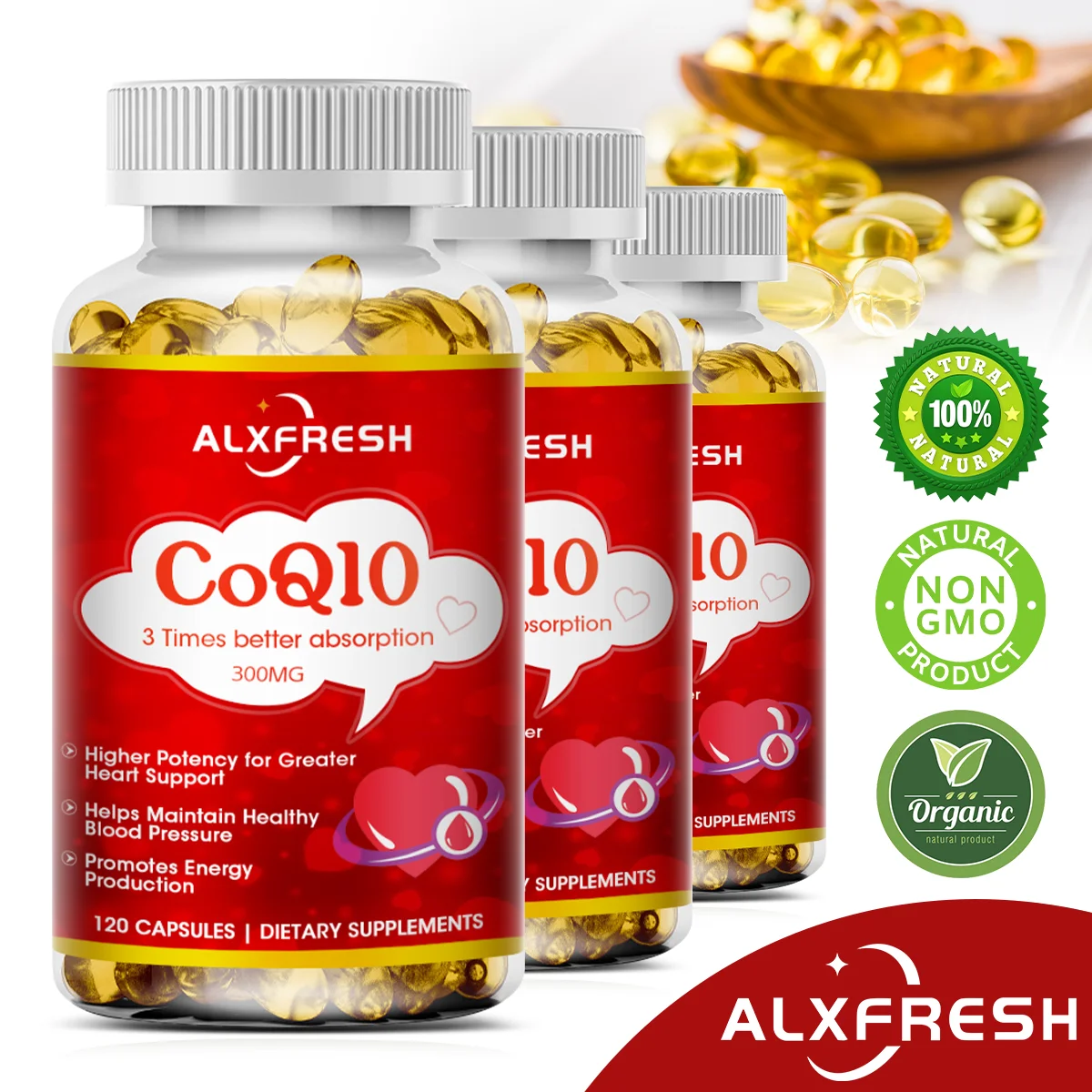 

Alxfresh CoQ10 300 мг | Коэнзим Q-10 | Без ГМО для веганов | 3x Лучшее Поглощение, с витамином Inc добавками