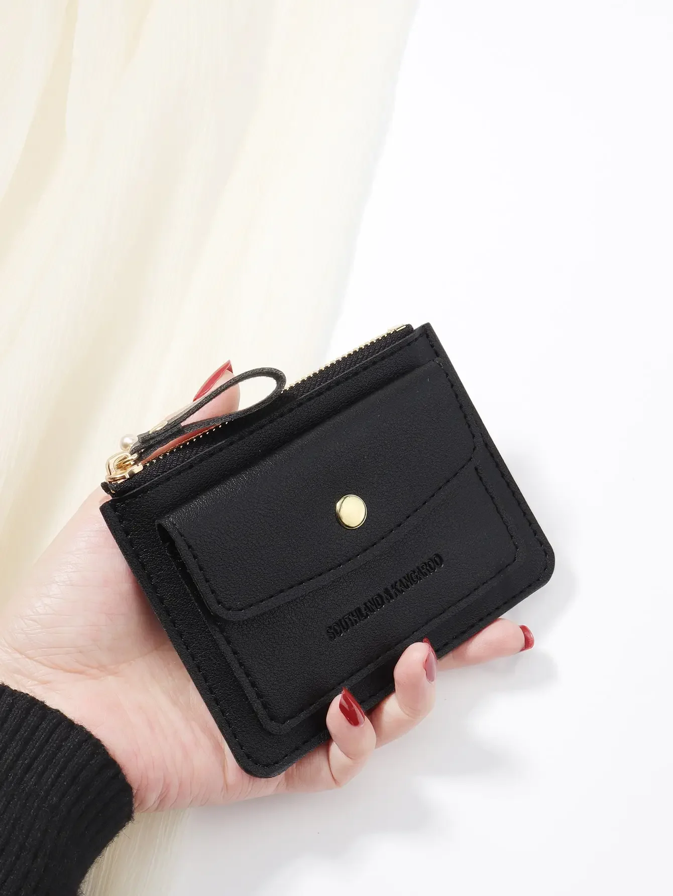 

SOUTHLAND&KANGAROO White Flip Cover Letter Embossed Zipper Small Wallet Coin Pocket Small Bifold Slim Wallet Thin Lightweight Mu