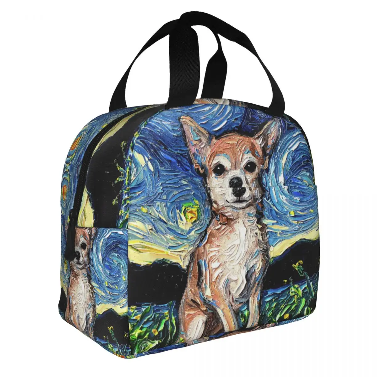 Chihuahua Starry Night Art Thermal Insulated Lunch Bag Women Portable Lunch Tote for Outdoor Picnic Multifunction Food Bento Box