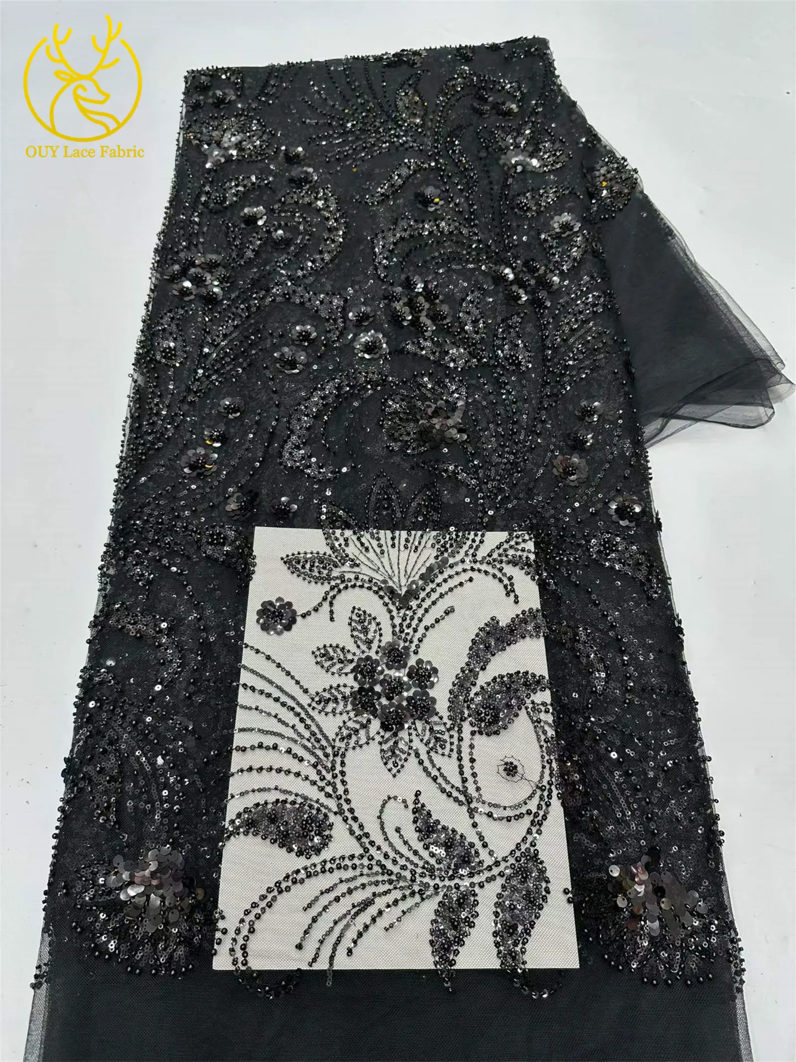 Eleganter 5-Yard-Paillettenstoff mit Kleinen Blumen, Afrikanischer Perlen-Pailletten-Spitzenstoff, Nigerianischer Luxuriöser Pailletten-Netzstoff für Kleider und Näharbeiten – Detail 9