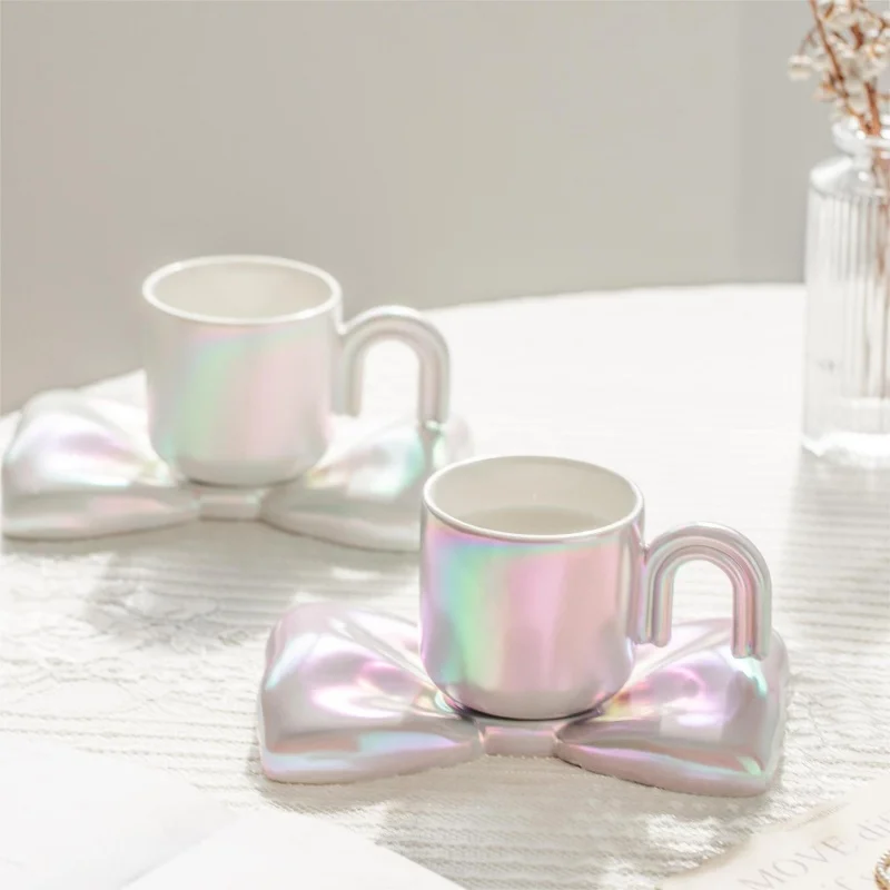 Fashionable Ins style bow cup and saucer coffee tea cup and saucer set for home decorations party wedding celebrations