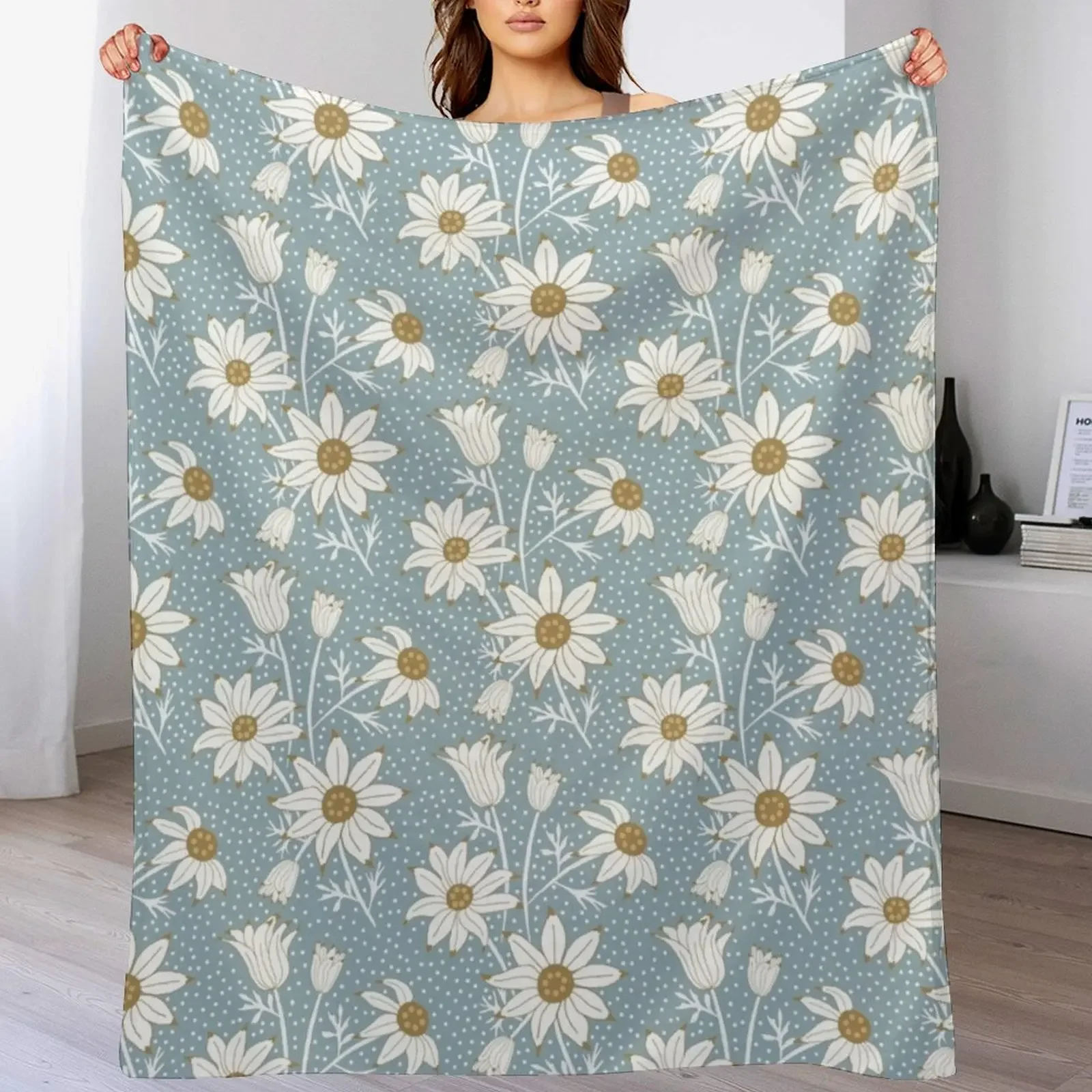 

Wedding Bridal Boho Flannel Flowers in colors blue and wheat Throw Blanket Beautifuls Travel Luxury Thicken Heavy Blankets
