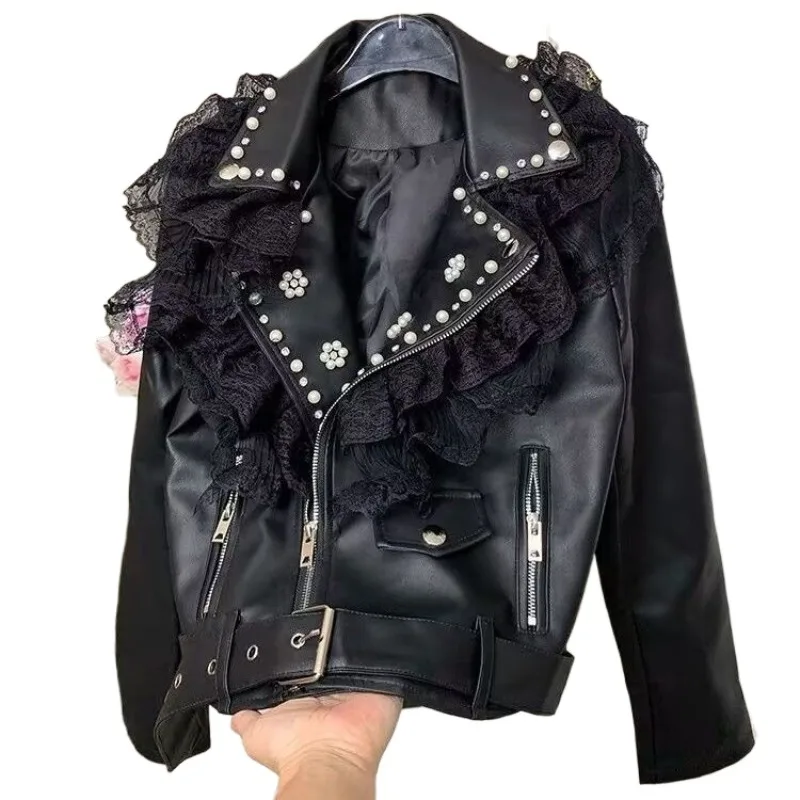 

Heavy Industry Lace Splicing Short Slim Fit Waist Thin Versatile Leather Jacket Locomotive Recommended By Internet Celebrities