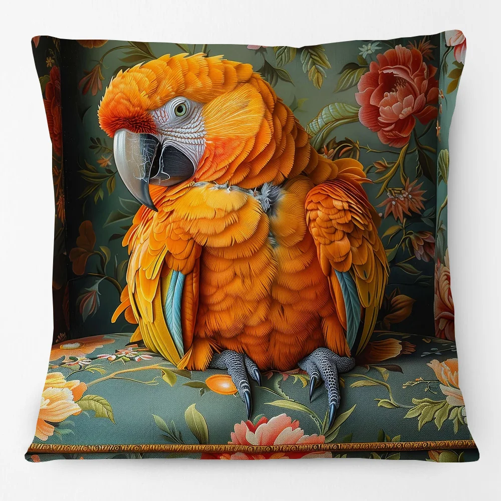 Vintage Oil Painting Orange Macaw Parrot Throw Pillow Cover, Floral Peony Green Background Decorative Cushion Case for Sofa Home