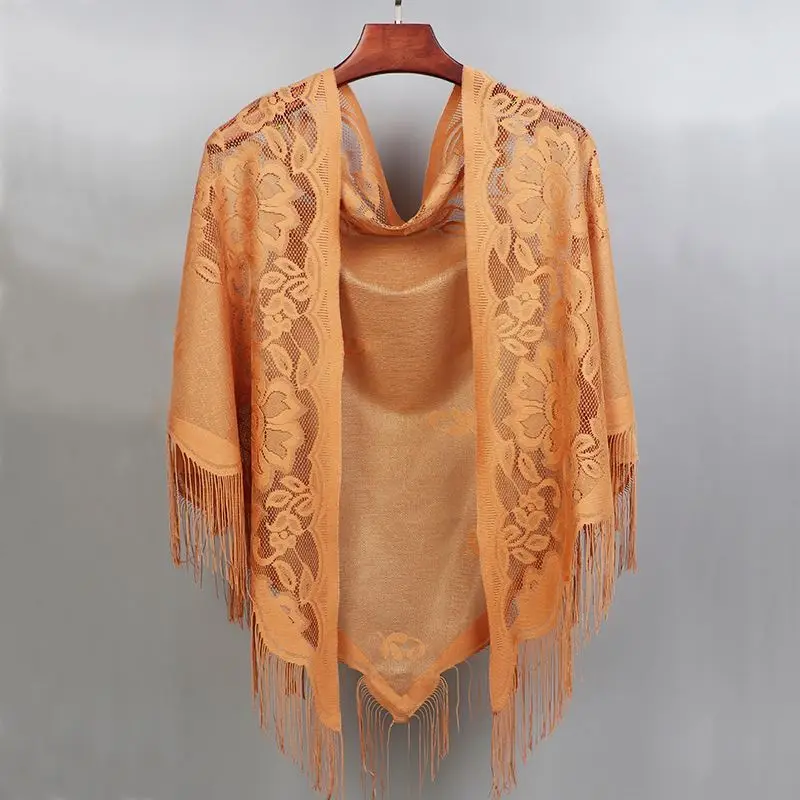 Lace Triangular Scarf Thin Shawl with Hollowed Out Solid Color Tassels Breathable Fashionable Elegant and Noble Outerwear Y397