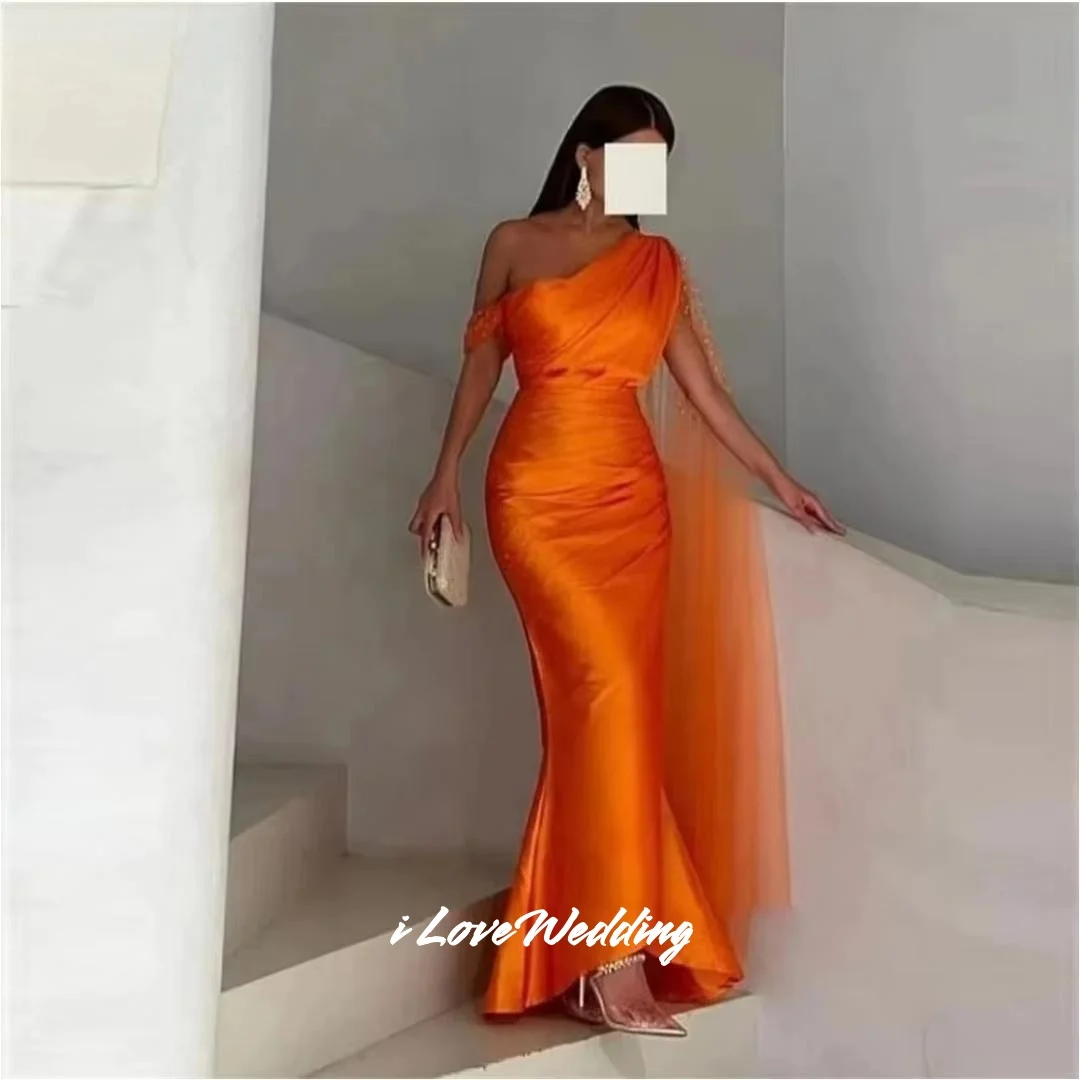 오렌지 원숄더 프롬 드레스 비즈 장식 숄 슬리브리스 머메이드 백리스 졸업 파티 드레스 주름 맞춤 제작