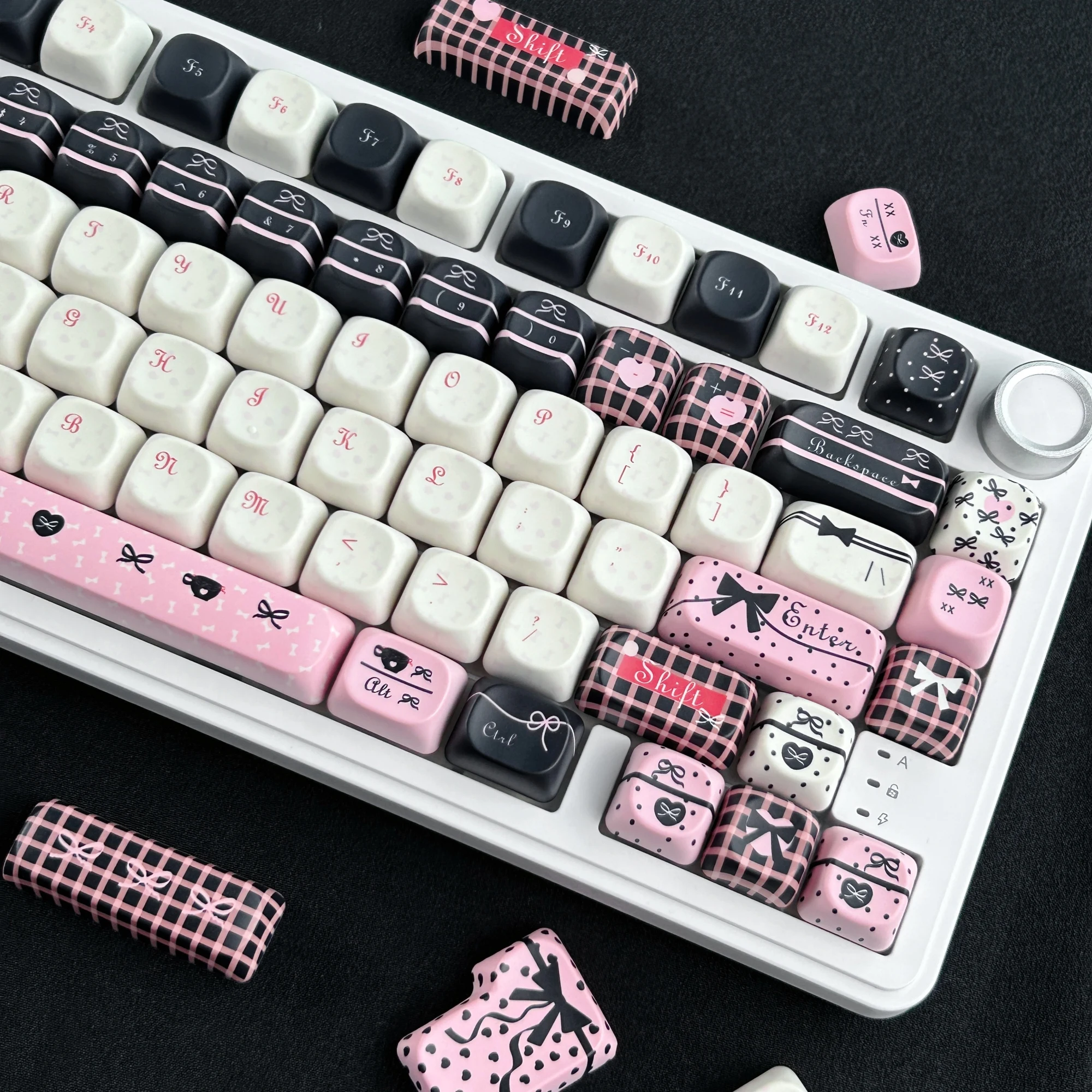 MAIMOOO Black Pink Sweetheart Keycap Korean Russian Thai MOA/Cherry Cute Bow Checkerboard PBT Keycaps for Mechanical Keyboard