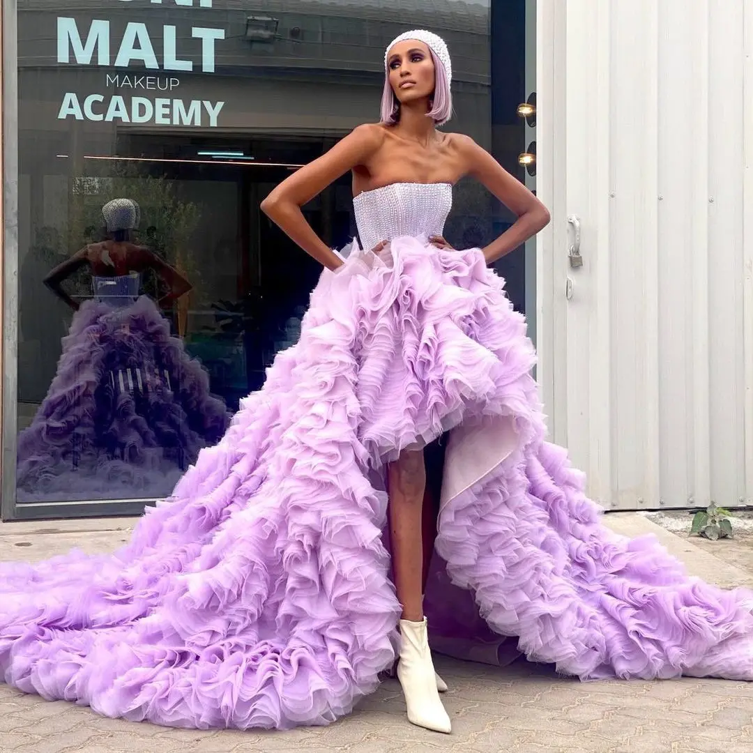 

Amazing Lavender High Low Prom Dresses Sexy Strapless Ruffles Tulle Sweep Train Evening Gowns Women Wedding Party Dress