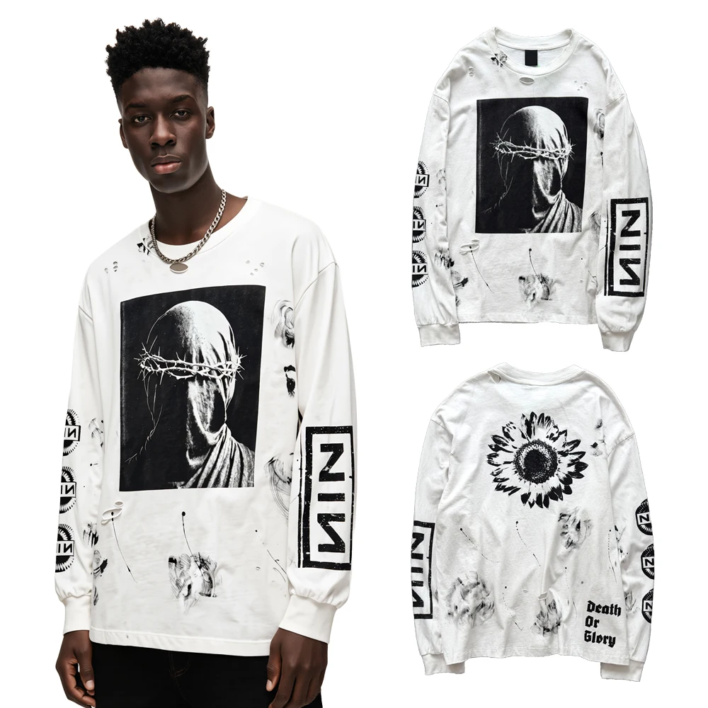 Y2k Streetwear Saint Graphic Full Sleeves T Shirts Hip Hop Street Style Cotton Vintage Distressed Print Casual Long Sleeves Tees