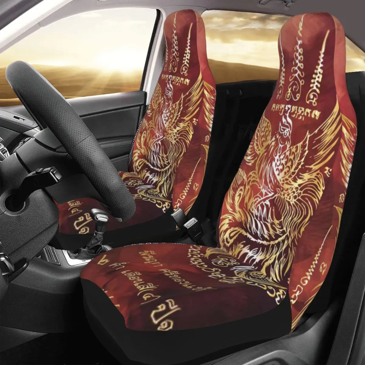 

YANTRA TATTOO Sak Yant Wat Bang Phra Car Seat Cover Custom Printing Universal Front Protector Accessories Cushion Set