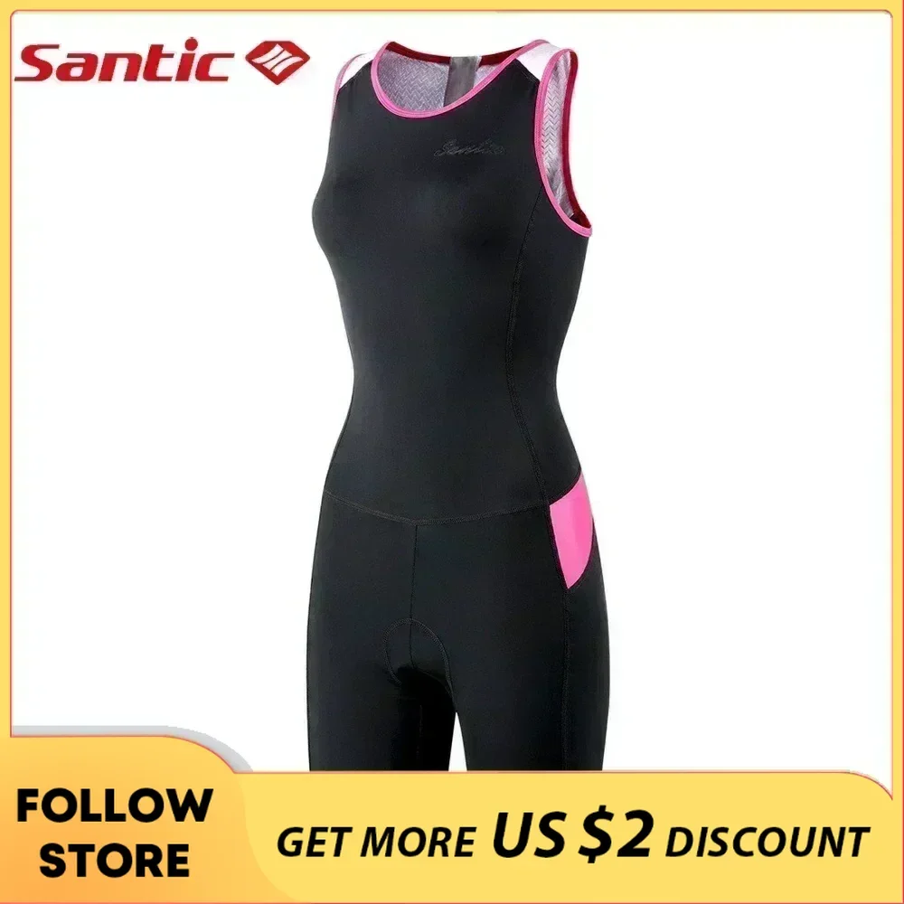 Santic Women's Cycling Triathlon Suit Tri-Suit with Padded One-Piece Sleeveless Swimsuit Quick-Dry Back Zipper Asian Size