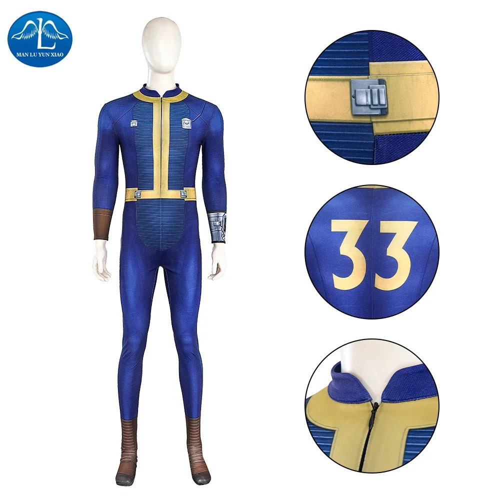 

2024 Fallout Vault Cosplay 33 Male Survivor Suit Cosplay Costume Blue Jumpsuit Halloween Party Suit