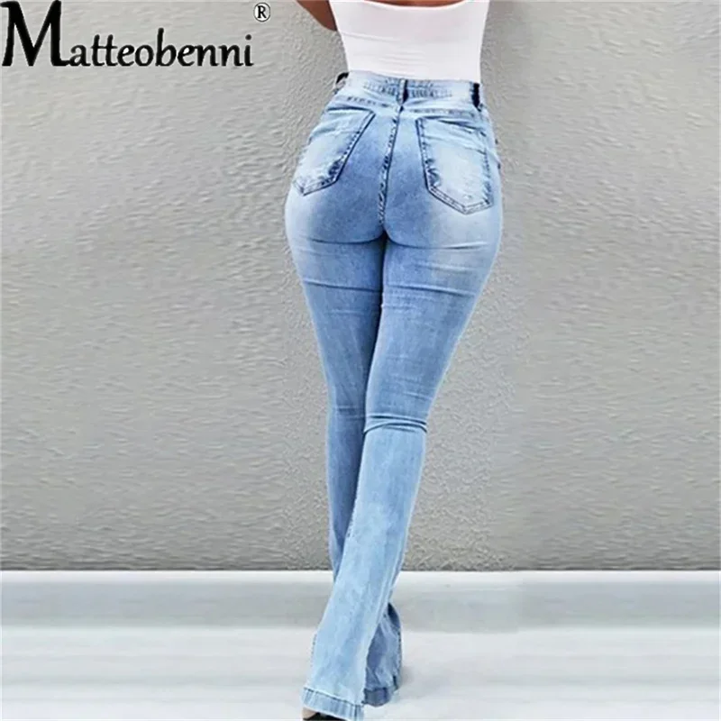 Women Casual Flared Jeans Fashion Sexy Skinny Split Leg Open Streetwear Fray Hole Stretch High Waist Blue Washing Denim Pants