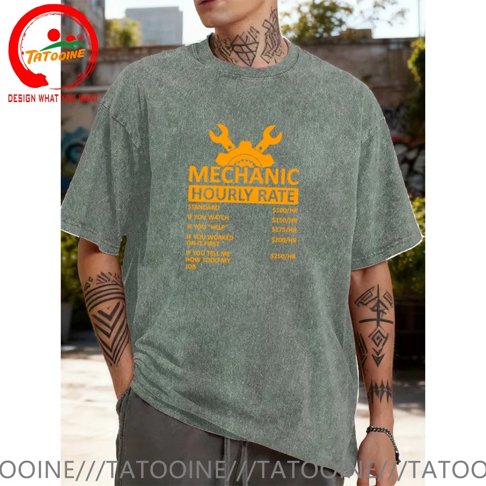 Vintage Washed Cotton T-Shirt Funny Designer Mechanic Hourly Rate  T Shirt Men Fashion Trendy Casual Clothing Stylish Tops Tees