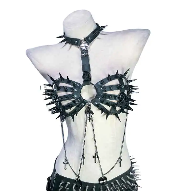 Goth Tops Cyber with Spikes Grunge Gothic Tank Y2K T-shirt Rave Outfits Festival Bra Scene Emo Clothing Punk Mini Rock Clothes