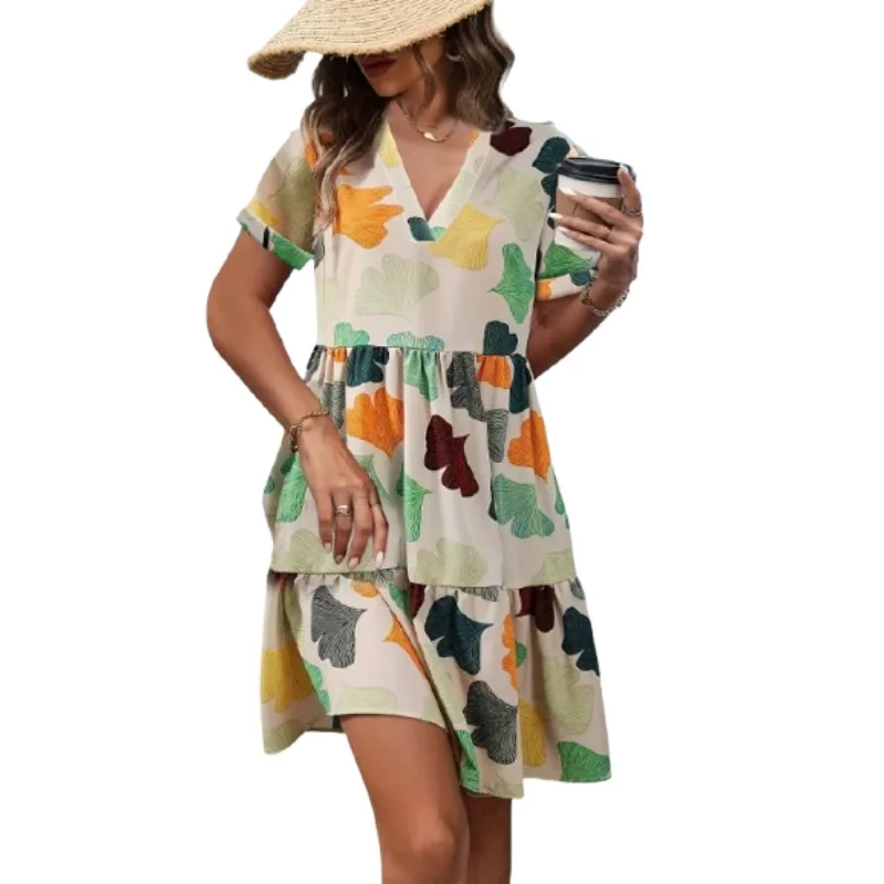 플러스 사이즈 여성의 새로운 유행 꽃 V 넥 캐주얼 편안한 다목적 반팔 드레스