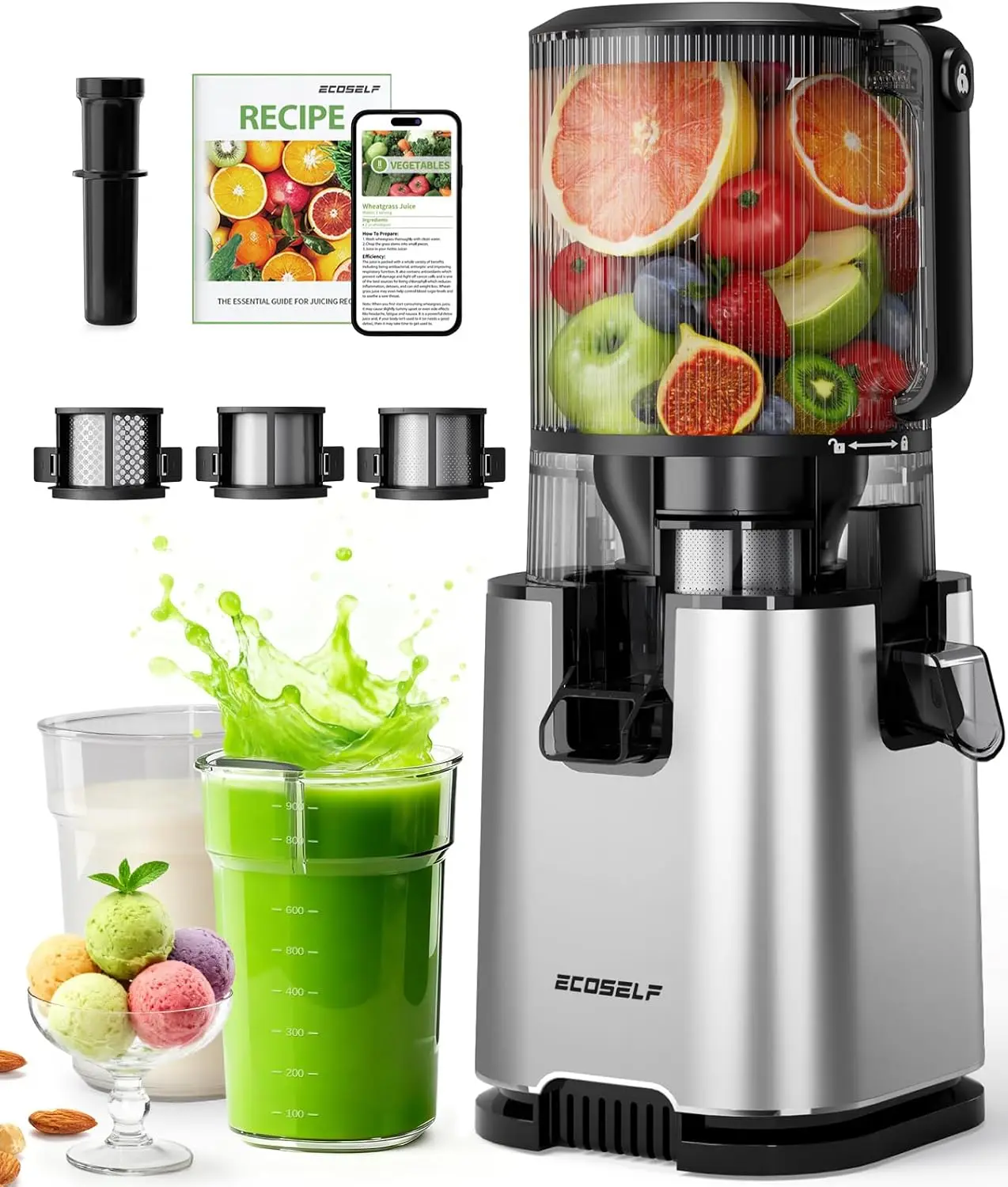 

Slow Masticating Juicer with 3 Filters for Juice, Sorbet, Nut Milk, Wide Mouth Hopper for Easy Feeding