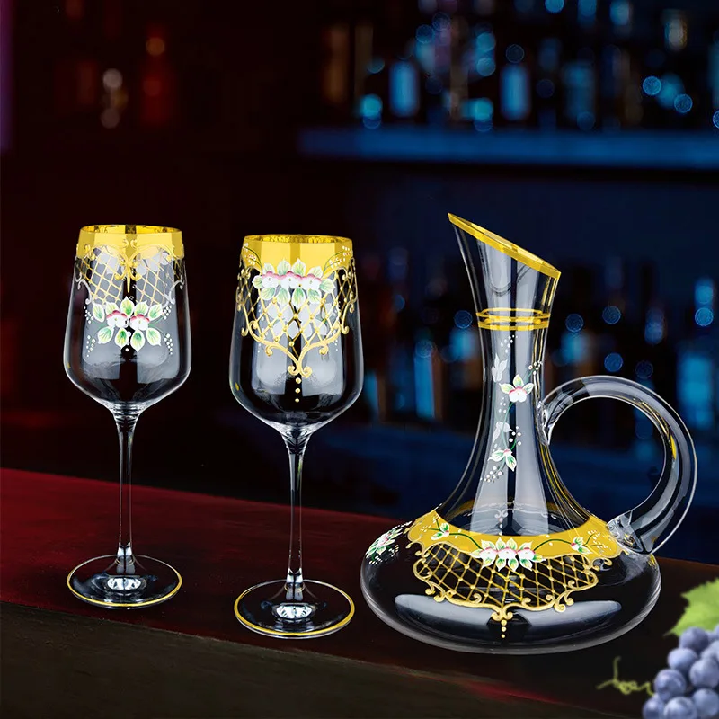 European light luxury real gold enamel flower red wine decanter wine set household belt crystal glass wine dispenser set