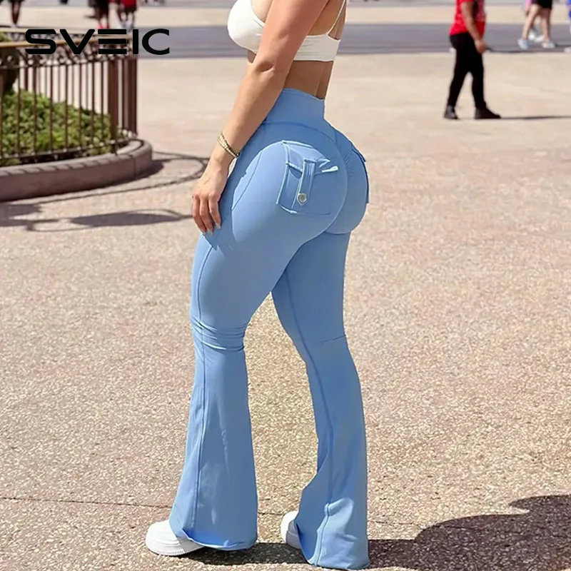 

SVEIC Расклешенные леггинсы, штаны для йоги, спортивные леггинсы для фитнеса с высокой талией и карманами, брюки для тренировок, женская одежда для бега в тренажерном зале