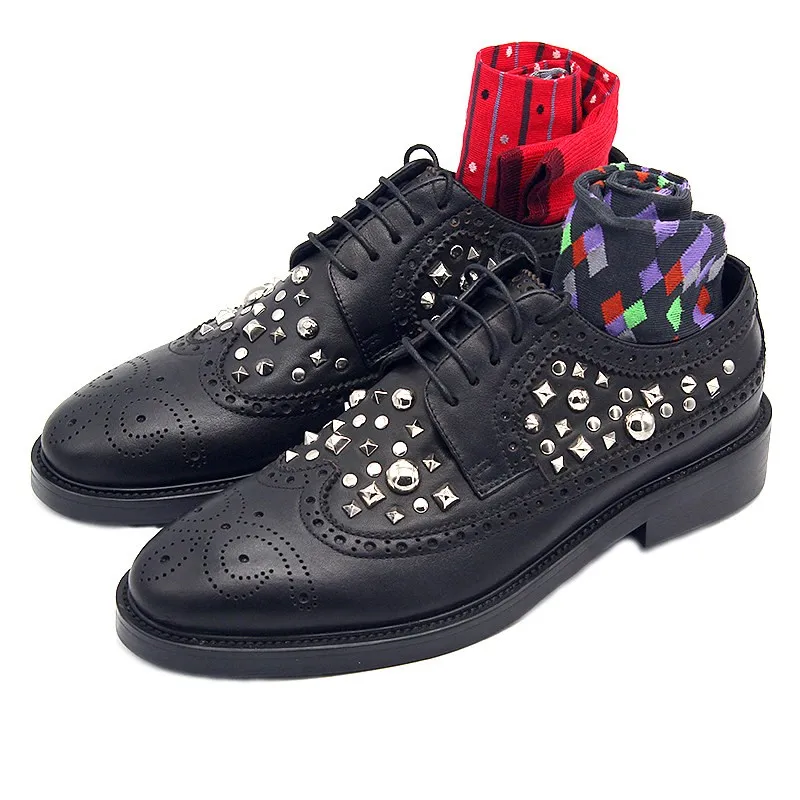 JINIWU 2026 Spring Autumn Leather Shoes for Men, Studded Brogue Carving Lace Up Black Handmade Derby Shoes