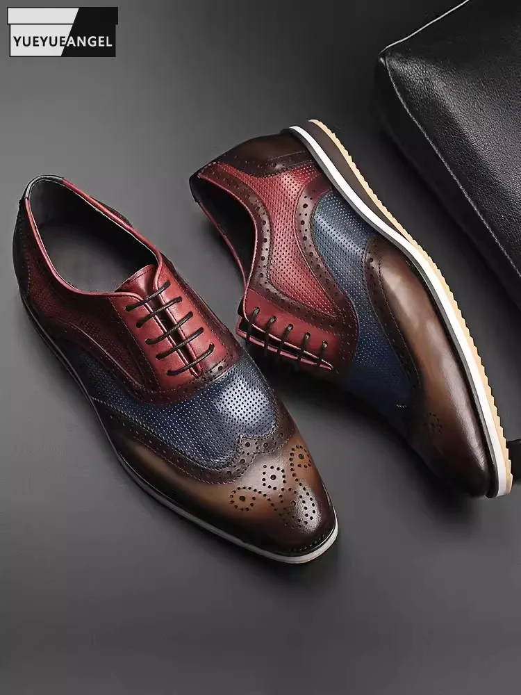 

British Style Designer Mixed Colors Carved Brogue Shoes Men Genuine Leather Dress Shoes Lace Up Square Toe Business Oxford Shoes