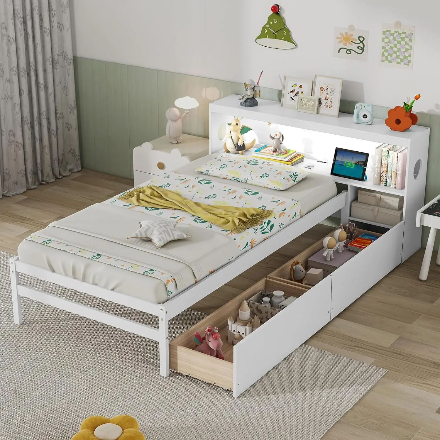 Wood Twin Bed Frame with Storage Drawer & Headboard, Modern Platform Bed with Charging Station & LED Light, Built-in Nig