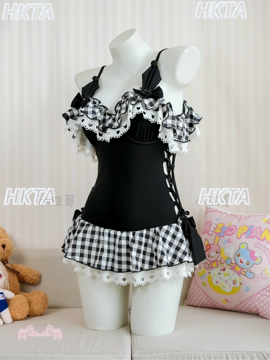 Sweet Cute Hot Girl Sexy Suspender Swimsuit Summer Casual Plaid Bow V Neck Lace Pleated Vacation Beach Black Bikinis Set Women