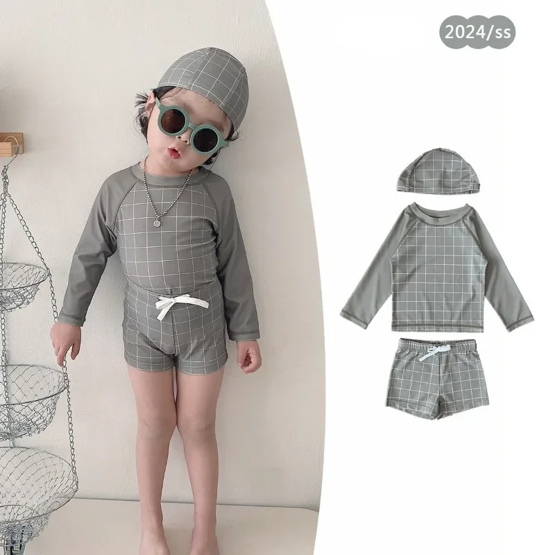 Boys Swimwear Boy Beach Shorts Military Green Grid Sunscreen Swimsuit  Baby Swimwears  Swimming Two Pieces Kids Swimsuits Shorts