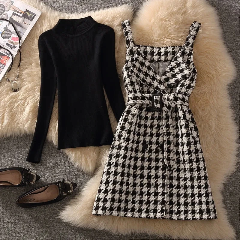 Vintage Houndstooth Sleeveless Vest Dress Women 2 Piece Set Elegant Belted Double Breasted Tank Dress Black Sweater Female Suit