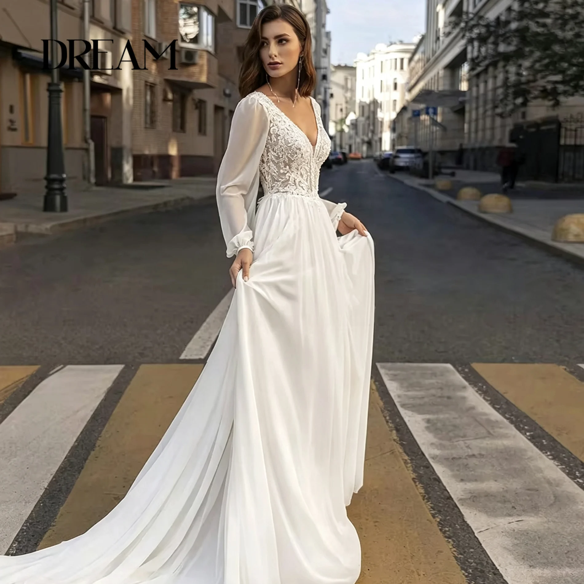 Dream Chiffon Wedding Dress Long Sleeve V Neck Lace Bridal Gown Deep Back Flowy A Line Custom Made Beach Wedding Gown For Women