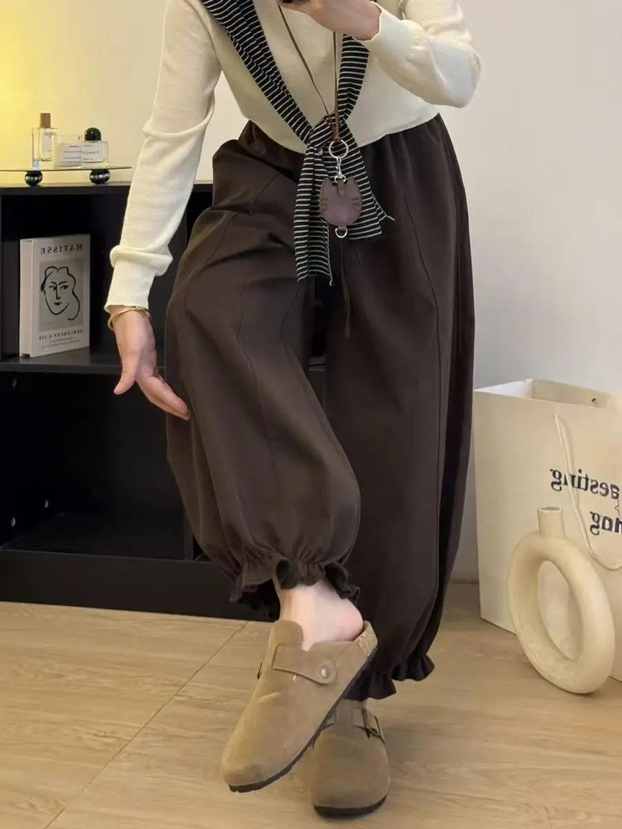 Wide Leg Pants Gym Womens Autumn Flannel Pleated Sólido Minimalist Office Classical Banded Waistband Knitted Softshell Basic OL