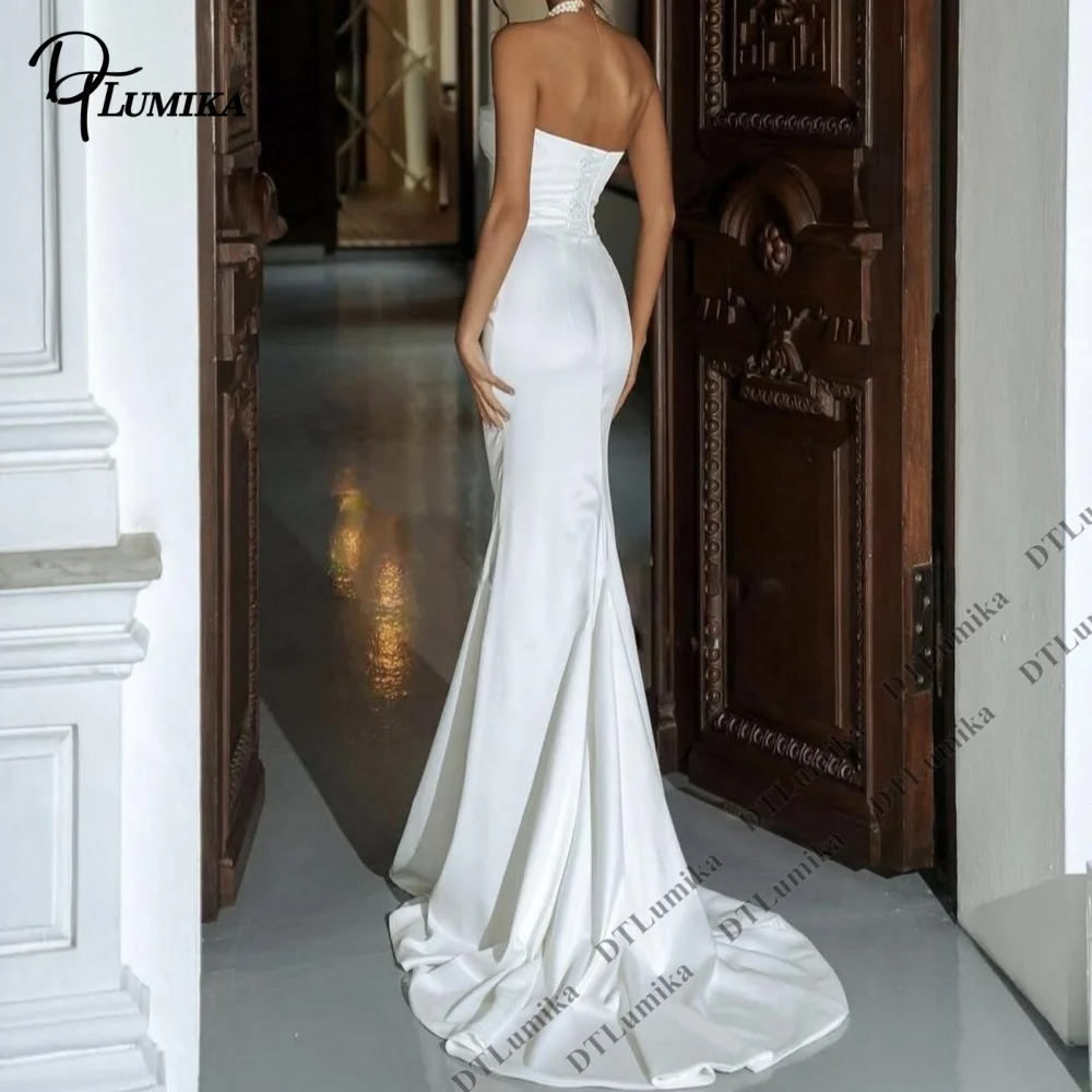 DTLumika Strapless Satin Wedding Dress with Ruched Bodice Mermaid Bridal Gown Sleek Silhouette Customized Women's Wedding Dress