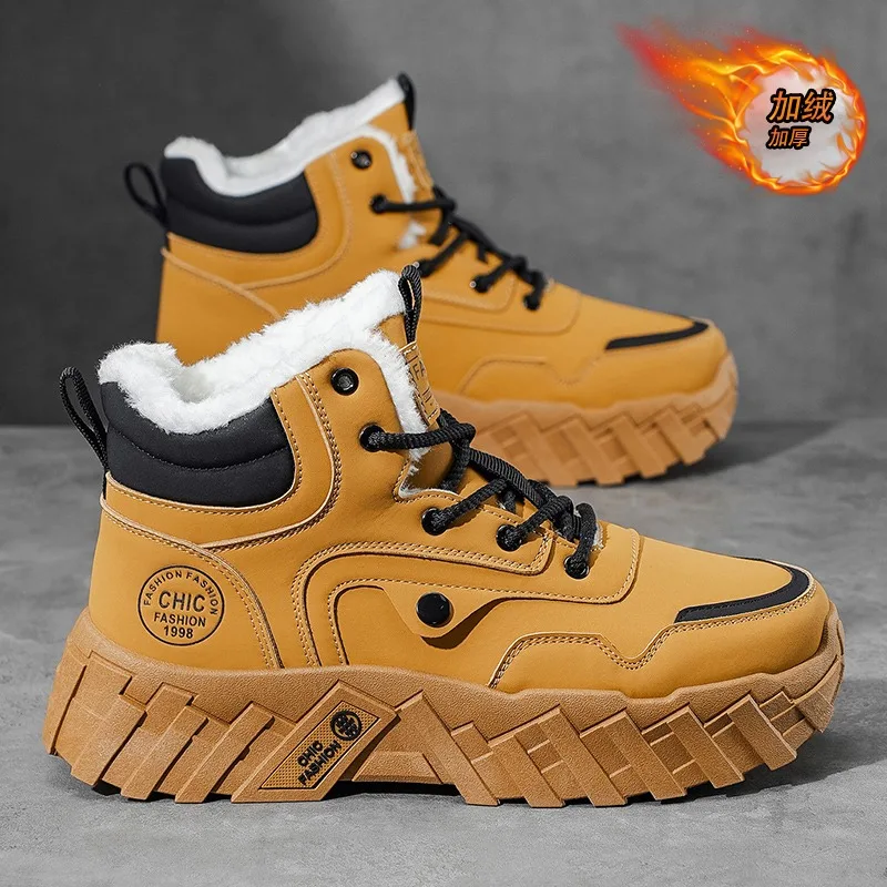 Męskie buty 2025 zimowe nowe ocieplane aksamitem ciepłe bawełniane buty na platformie wysokie buty robocze outdoorowe wodoodporne antypoślizgowe śniegowce męskie