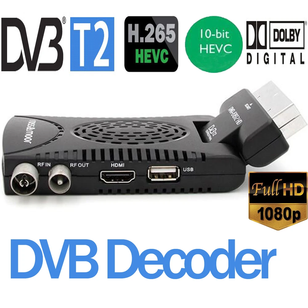 Mini Scart ใหม่ DVB-T2 H.265/10Bit HEVC จูนเนอร์ถอดรหัส DVB T2 H265 Dolby AC3 IPTV Youtube Terrestrial จูนเนอร์ดิจิตอล