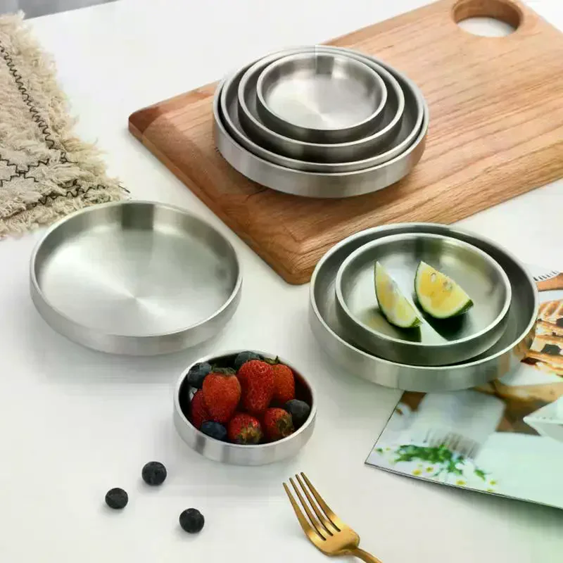 Flat 201/304 Stainless Steel Dish Plate Cooking Noodles Bowl Thickened Dinner Plate Seasoning For Kitchen Restaurant Tableware