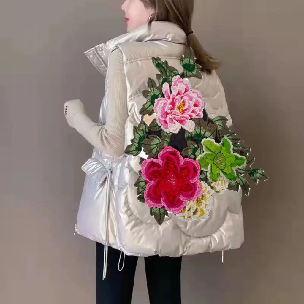 

Embroidered Rose down Cotton Vest Women's Outerwear Autumn Winter Bright Surface ort Stand Collar oulder Pad